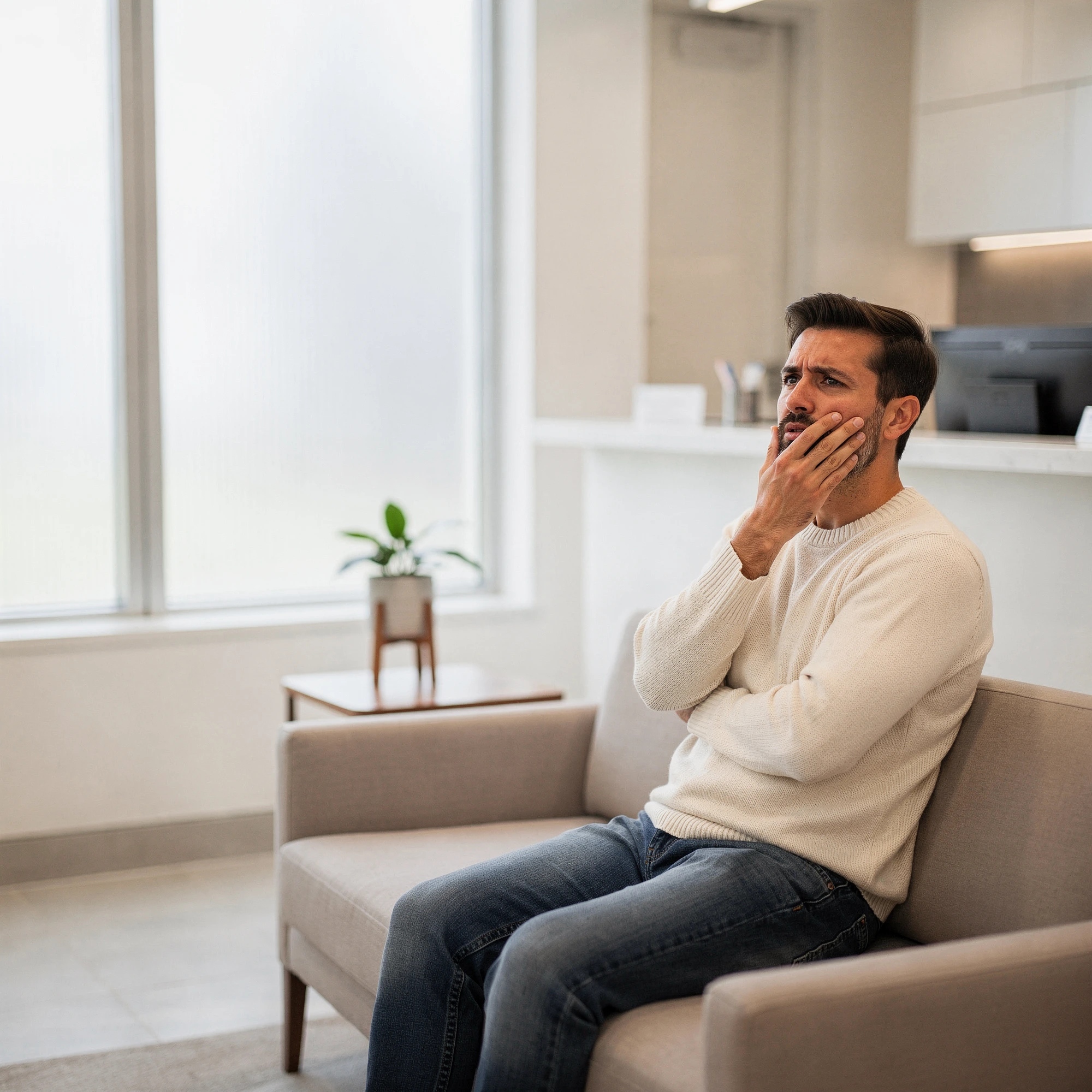 Man holding his jaw in discomfort while sitting in a modern dental waiting room